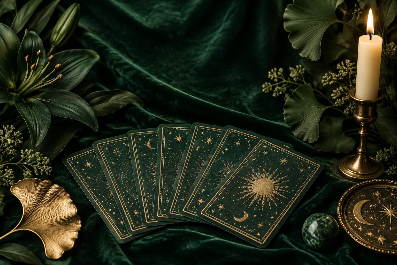 Emerald tarot cards fanned on forest velvet with veined lily and ginkgo leaves, an ivory candle and a brushed-gold ginkgo leaf